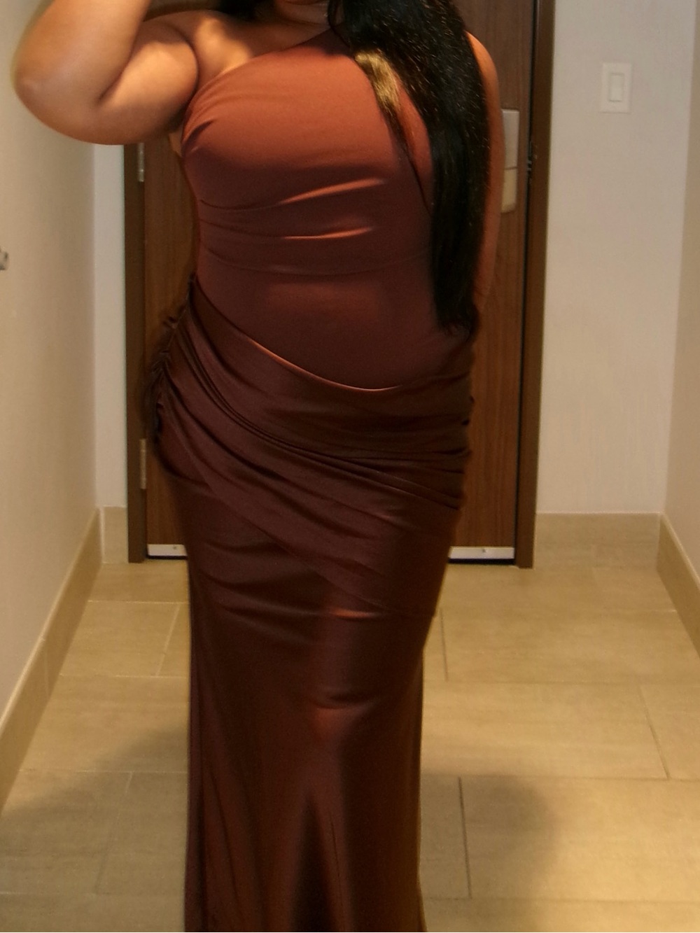 One-Shoulder Brown Ruched Evening Gown